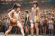 A couple of women standing on top of a basketball court.